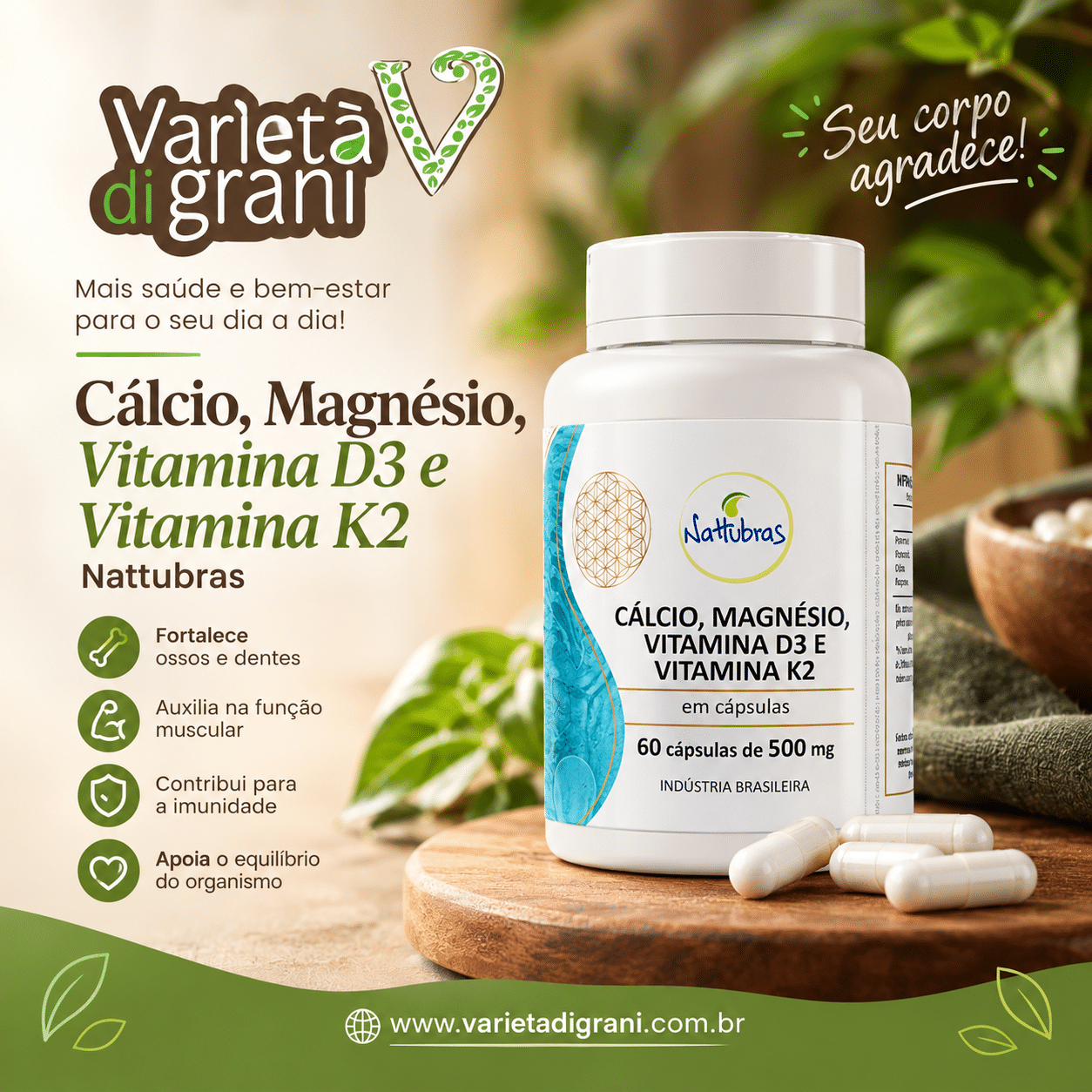 Cálcio, Magnésio, D3 e K2 Nattubras